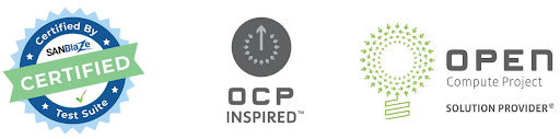 SANBlaze測試套件的認證標誌以及開放計算專案OCP的OCPInspired和解決方案提供商標誌
