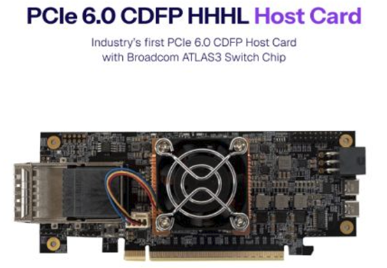 Serial Cables 推出的 PCIe 6.0 CDFP HHHL 主機卡(Host Card),搭載 Broadcom Atlas 3 交換晶片